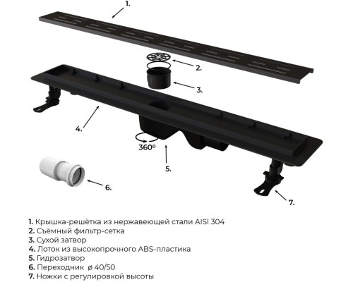 Душевой лоток Drain Leo-30 трап RGW SDR-30 60см с черной вентилируемой накладной 60213060-04