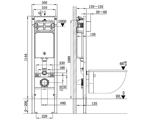 Инсталляция WeltWasser Amberg 350 10000010260 для унитаза без клавиши смыва