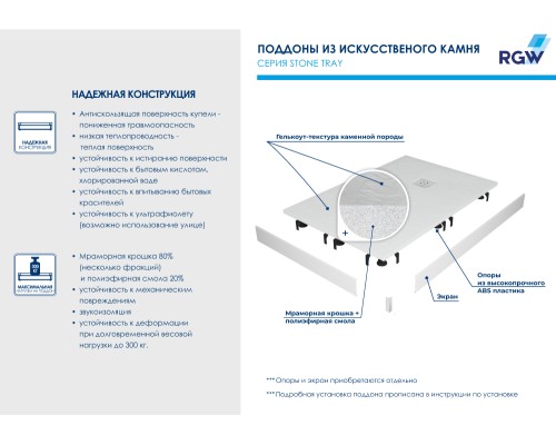 Душевой поддон квадратный RGW ST-W Белый искуственный камень RGW ST-0070W (70*70*2,5) см/ 16152070-01 