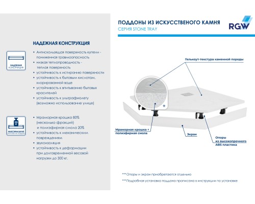 Душевой поддон трапеция RGW ST/T-W Белый искуственный камень RGW ST/T*-0077W ( 70*70*2,5) см/ 16155077-01 