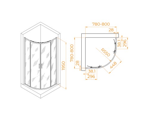 Душевой уголок, полукруг RGW PA-52-B 80х80 прозрачное cтекло 6 мм цвет профиля черный 03085288-14