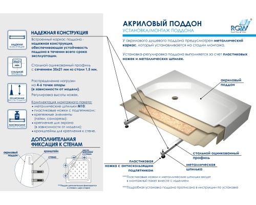 Душевой поддон квадратный RGW STYLE 100*100*3.5 h 22 арт.16180100-11