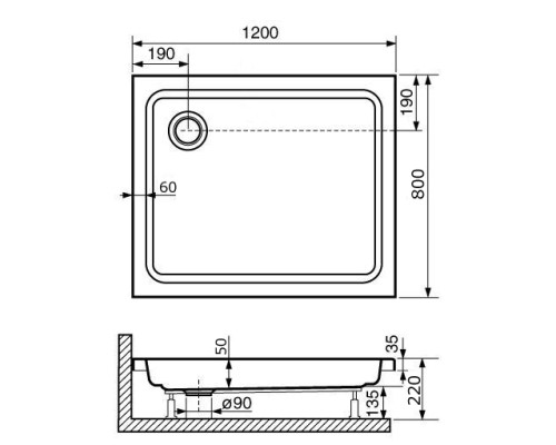 Душевой поддон прямоугольный RGW STYLE Ø90 800x1200 акрил RGW STYLE ( 80*120*6 h3,5) см 16180282-11