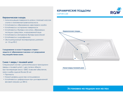 Душевой поддон прямоугольный керамический RGW CR (Глубина 75)  70*140*10 арт.19170374-01