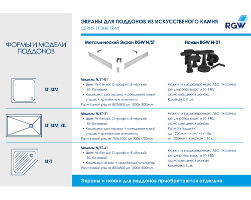 Душевой поддон прямоугольный RGW ST-W белый искусственный камень cерия Stone Tray (70*150*2,5) 16152715-01