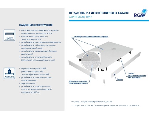 Душевой поддон асимметричный RGW ST/AL-W Белый искуственный камень  ( 80*120*2,5) см/ 16154128-01L