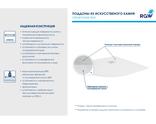 Душевой поддон полукруглый RGW ST/R-W белый искусственный камень cерия Stone Tray (100*100*3) 16153100-01